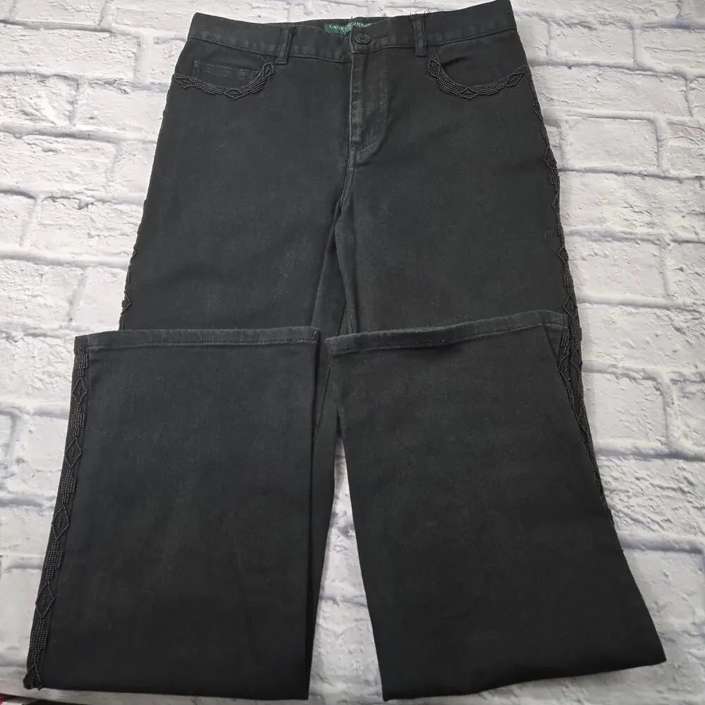 Lauren Jeans Co Beaded Jeans Black Southwestern Bootcut Ralph Lauren sz 4 Petite